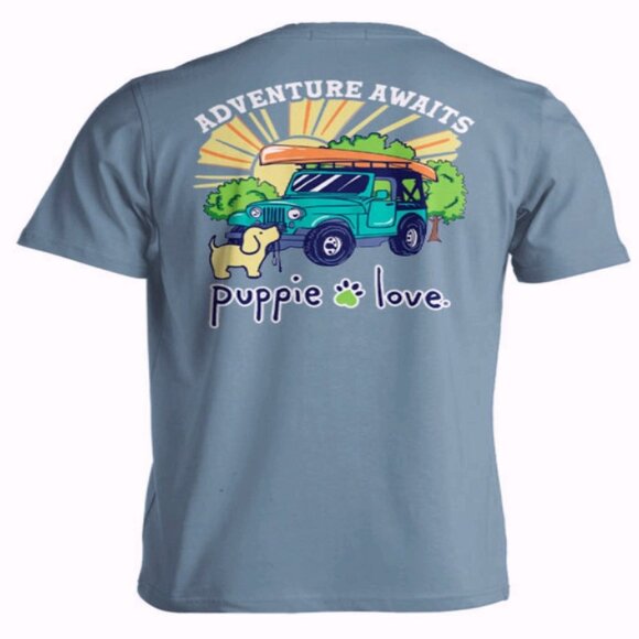 Puppie Love Dog Adventure Awaits Off-Road Camping Pup Short Sleeve T-Shirt - NEW - Picture 1 of 5